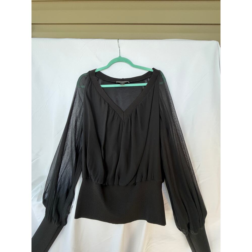 St John 100% Silk Knit Blouse L Black Sheer Overlay Stretch Lined Luxury Top